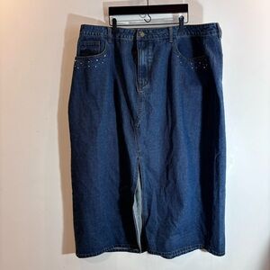 CIDER Sz 3X Denim Skirt Rhinestone At Pockets Zipper Closure Front Slit Maxi